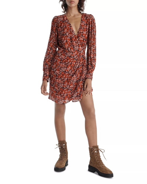 The Kooples Burning Flowers Mini Dress Size 1 (US S) Red Floral V-Neck NWT