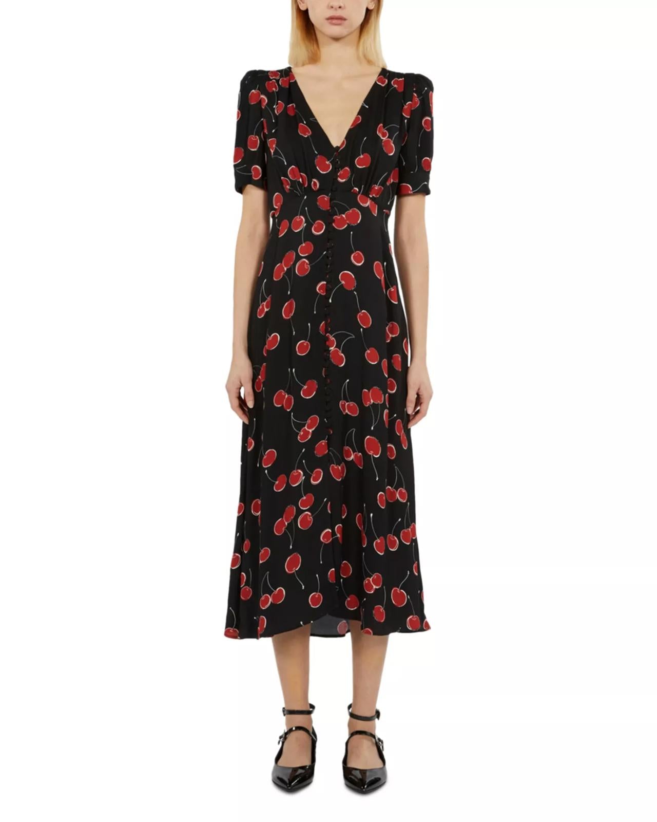 The Kooples Cherry Print Button Front Midi Dress US Size XS NWT MRSP $470