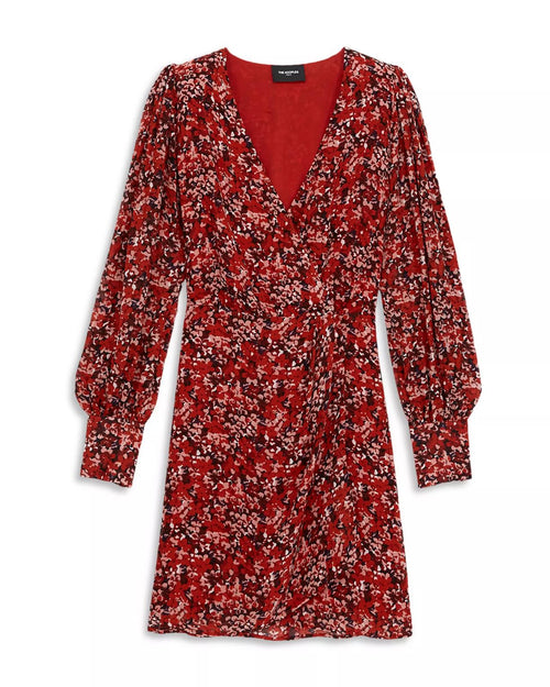 The Kooples Burning Flowers Mini Dress Size 1 (US S) Red Floral V-Neck NWT