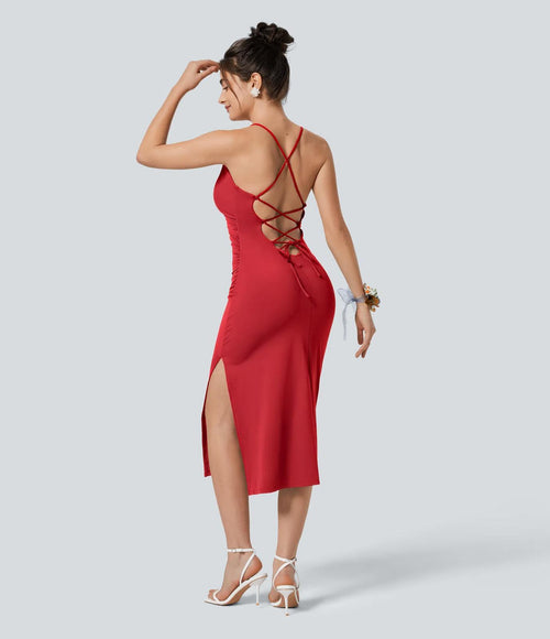 NWT Halara SoftlyZero Airy Crossover Ruched Lace Up Bodycon Dress Mars Red Small