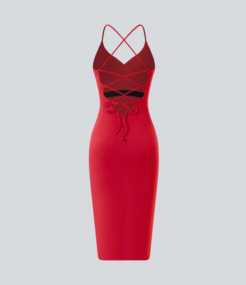 NWT Halara SoftlyZero Airy Crossover Ruched Lace Up Bodycon Dress Mars Red Small