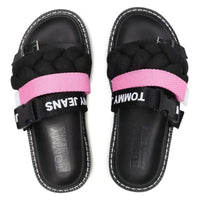 NWB Tommy Jeans Black Pink Braided Strap Slide Sandals Women’s Designer Size 6
