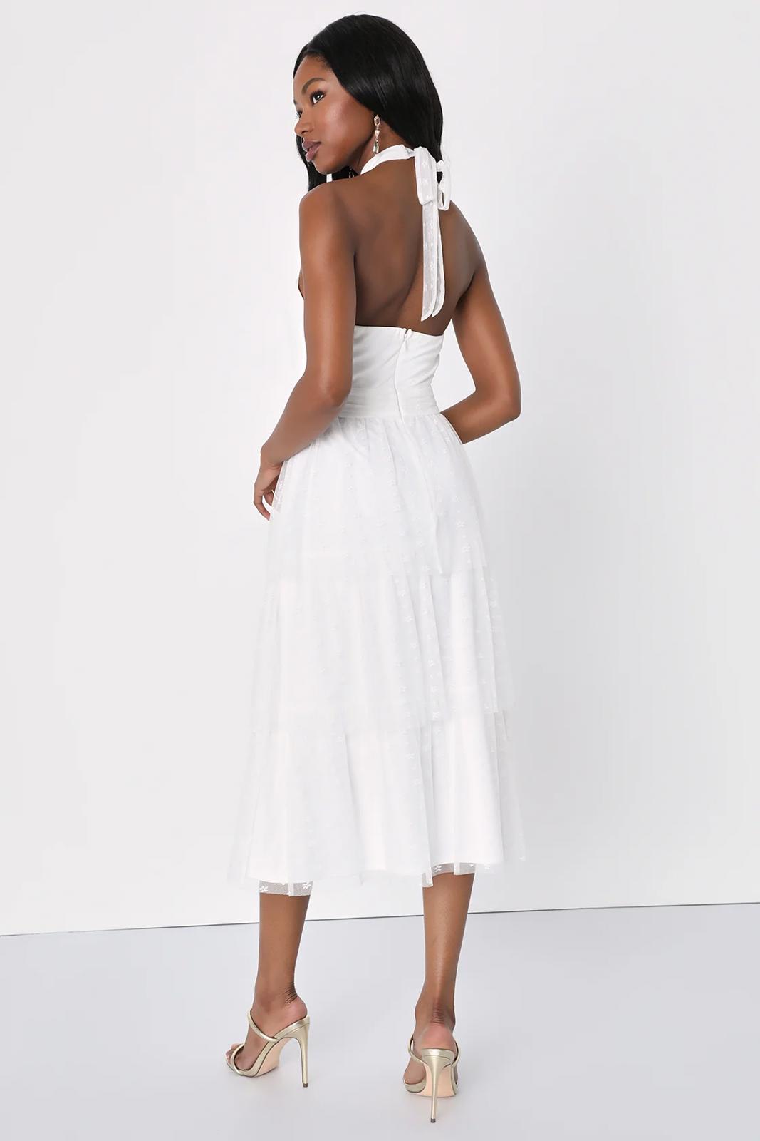 NWT Lulus Positively Precious White Floral Mesh Tiered Halter Midi Dress Small
