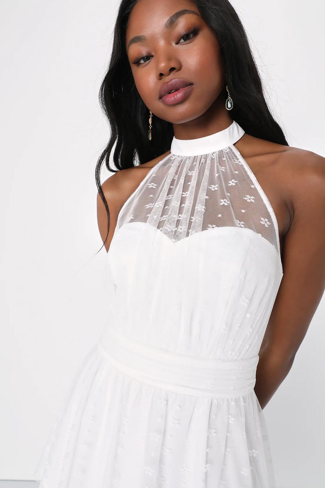 NWT Lulus Positively Precious White Floral Mesh Tiered Halter Midi Dress Small