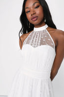 NWT Lulus Positively Precious White Floral Mesh Tiered Halter Midi Dress Small