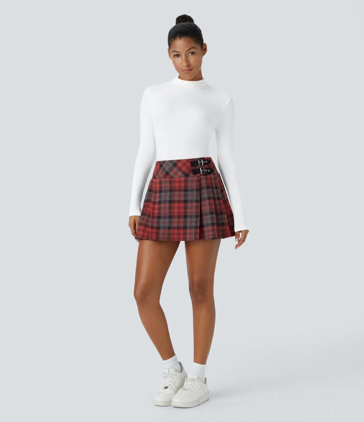 NWT Halara High Waisted Decorative Buckle 2-in-1 Plaid Pleated Mini Skirt - XS