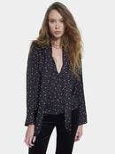 The Kooples Heart Print Tie Neck Blouse Size 0 (US XS) Black Sheer V-Neck NWT