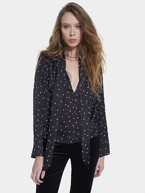 The Kooples Heart Print Tie Neck Blouse Size 0 (US XS) Black Sheer V-Neck NWT