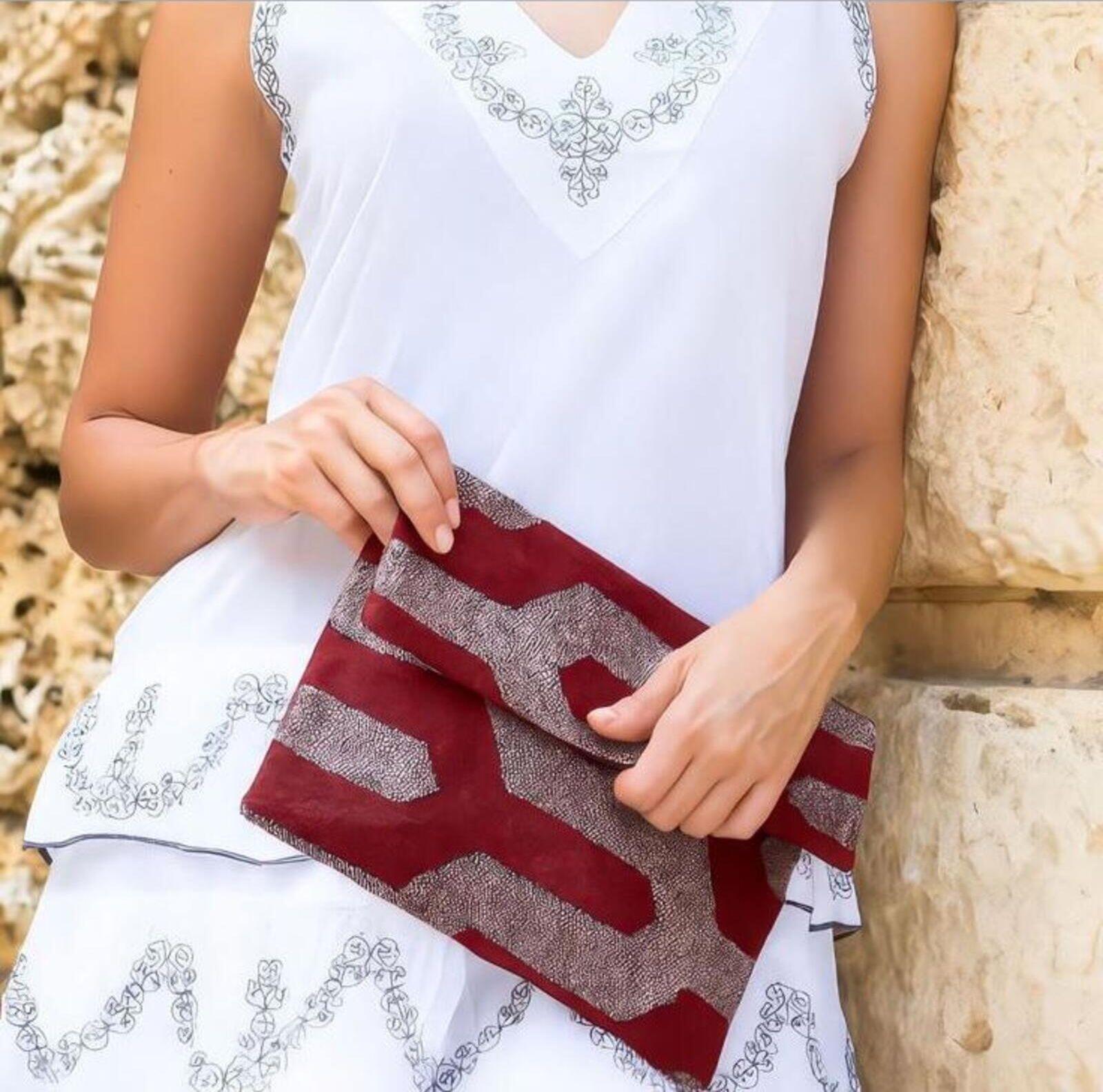 NWT GUADALUPE Dhurrie Red Silver Clutch Handbag