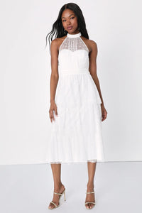 NWT Lulus Positively Precious White Floral Mesh Tiered Halter Midi Dress Small