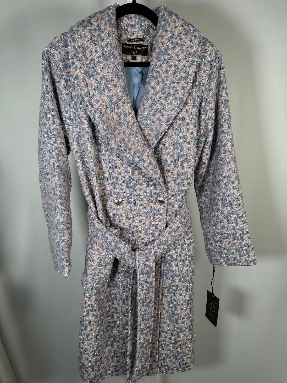 NWT Kathy Ireland Women's Metallic Plaid Belted Long Coat Size XL