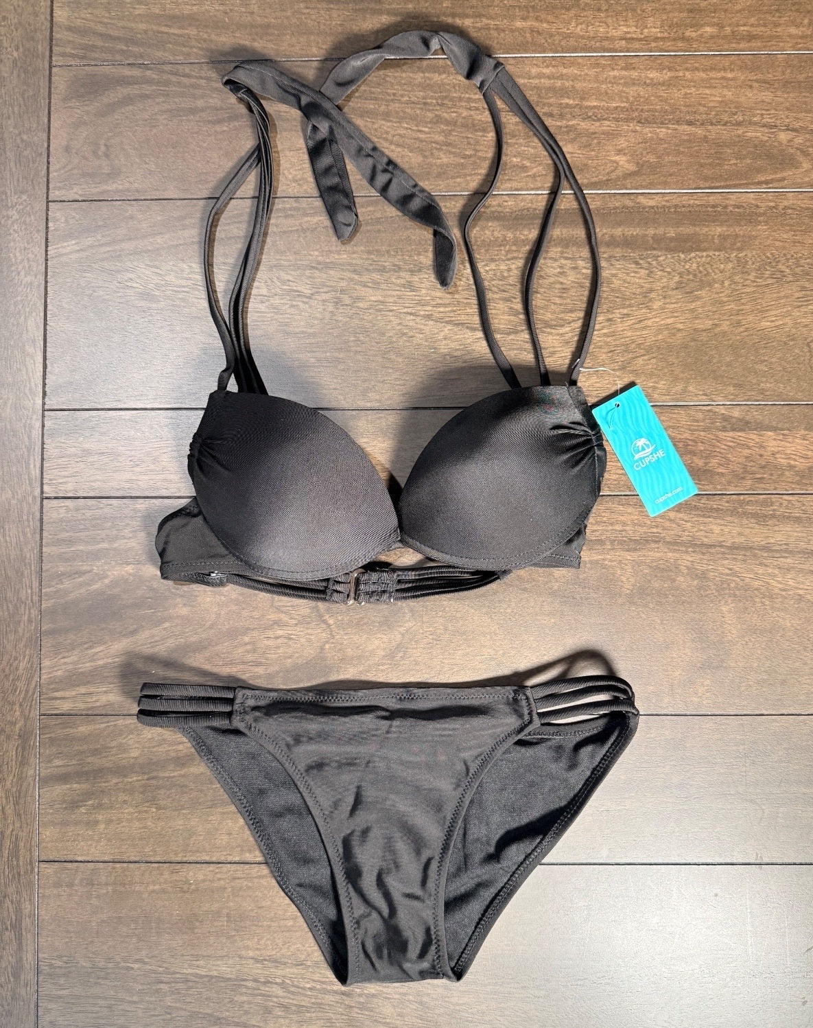 NWT CUPSHE Black Double Strap Strappy Two Piece Bikini Set Size Large