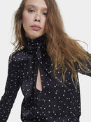 The Kooples Heart Print Tie Neck Blouse Size 0 (US XS) Black Sheer V-Neck NWT