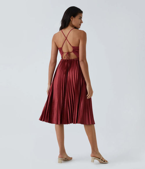 NWT Halara V Neck Lace Up Pleated Midi Dress Plum Blossom Red Size Large