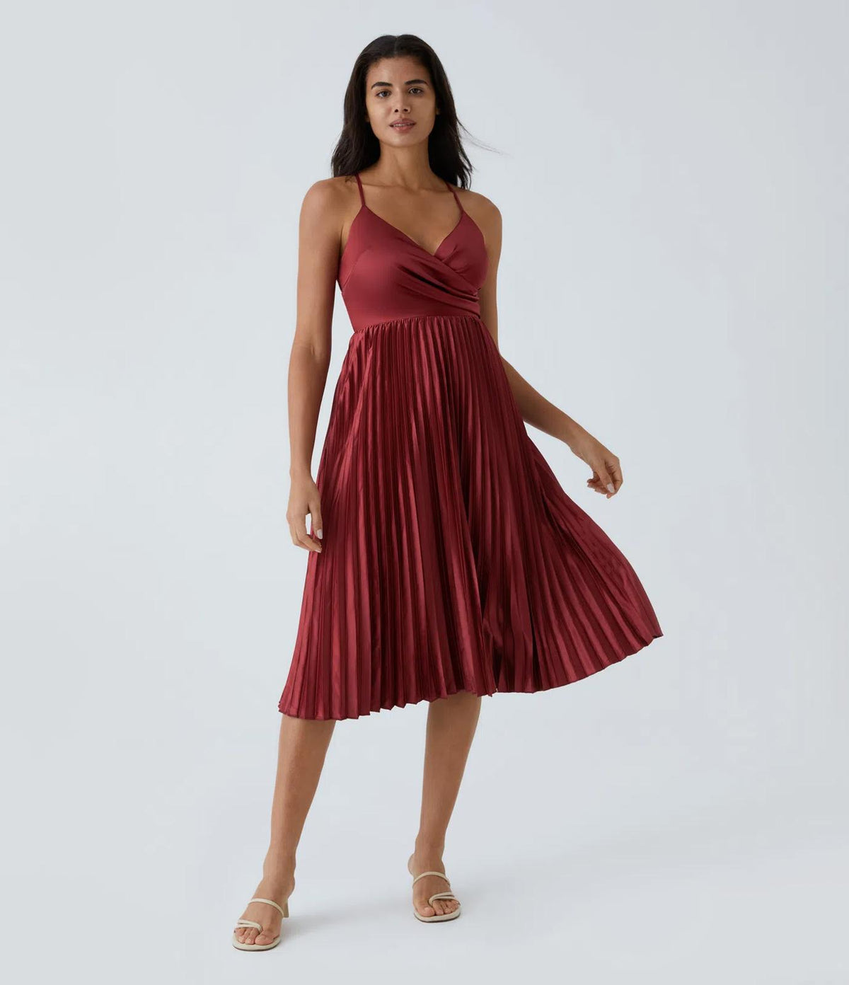 NWT Halara V Neck Lace Up Pleated Midi Dress Plum Blossom Red Size Large