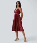 NWT Halara V Neck Lace Up Pleated Midi Dress Plum Blossom Red Size Large