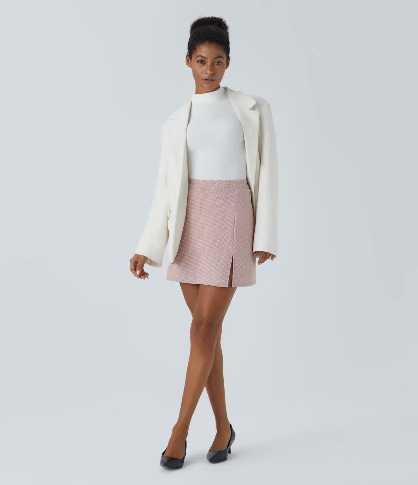 NWT Halara High Waisted 2-in-1 Houndstooth Mini Work Skirt Pink Sand Size M
