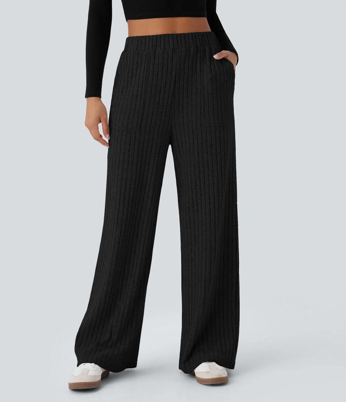 NWT Halara Ribbed Knit High Waisted Wide Leg Pants Black Size Small