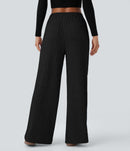 NWT Halara Ribbed Knit High Waisted Wide Leg Pants Black Size Small