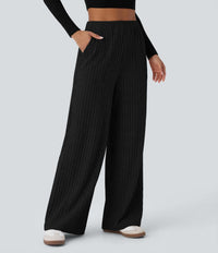 NWT Halara Ribbed Knit High Waisted Wide Leg Pants Black Size Small