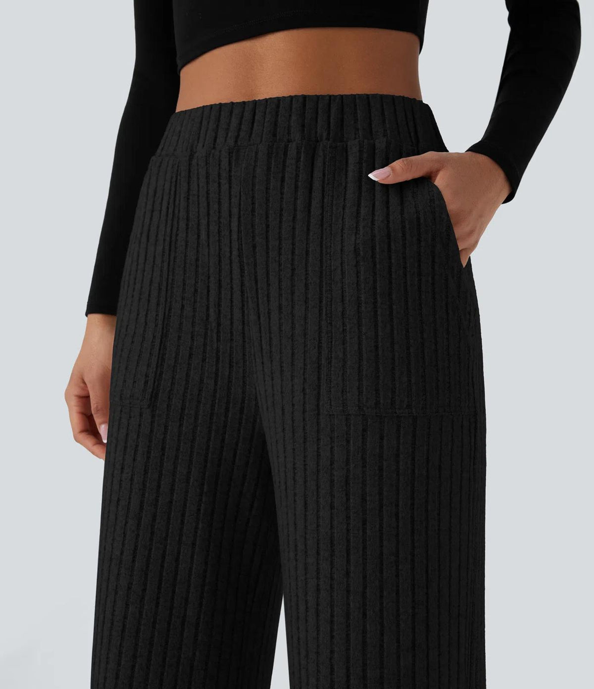 NWT Halara Ribbed Knit High Waisted Wide Leg Pants Black Size Small