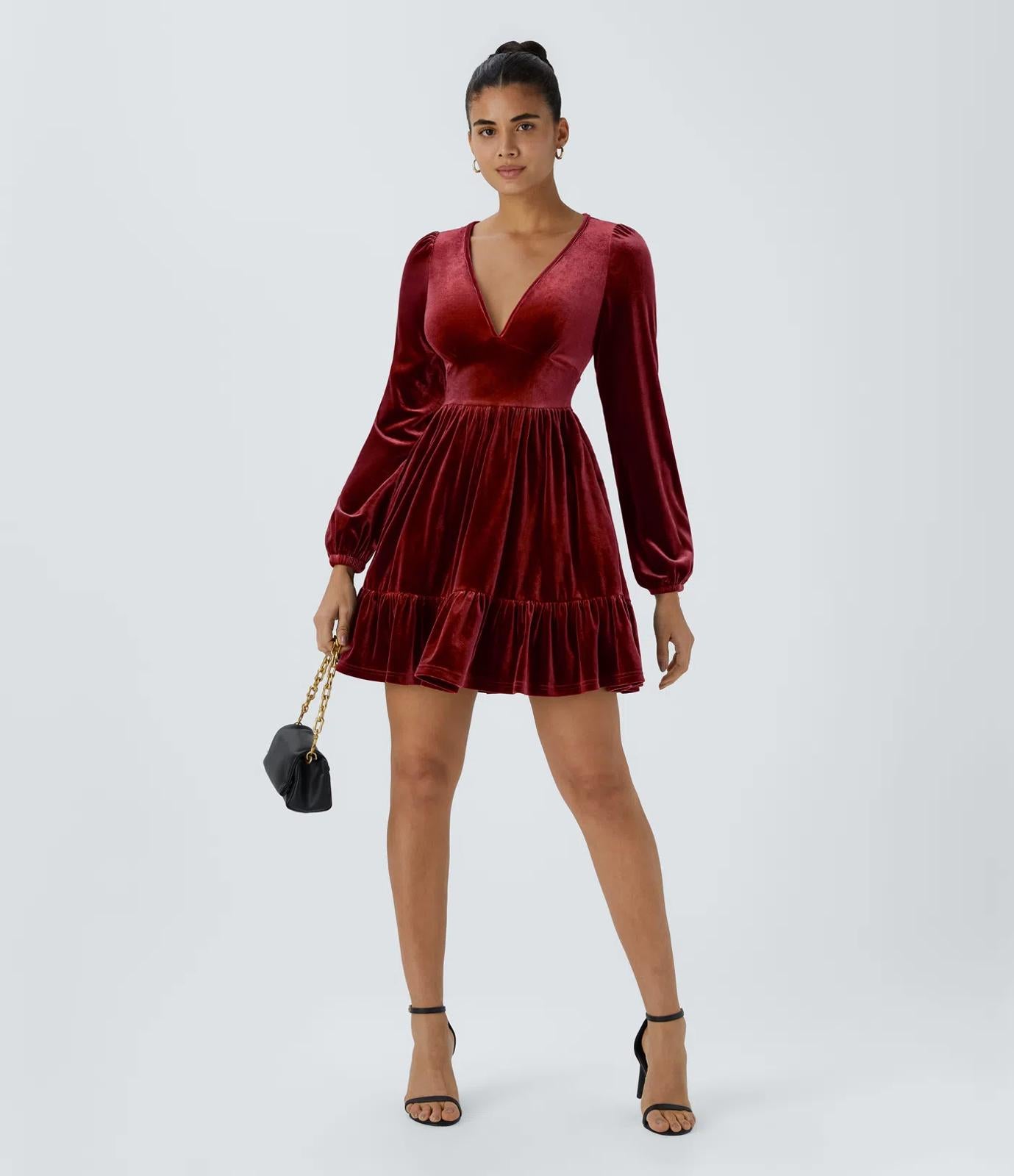 NWT Halara Deep V Neck Long Sleeve Ruffle Hem Velvet Mini Chill Dress Sangria XS