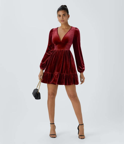NWT Halara Deep V Neck Long Sleeve Ruffle Hem Velvet Mini Chill Dress Sangria XS