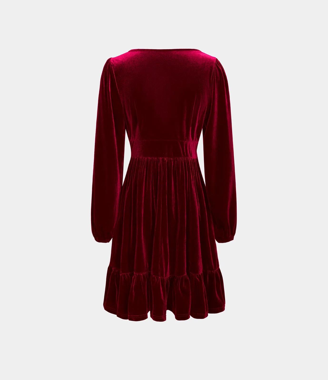 NWT Halara Deep V Neck Long Sleeve Ruffle Hem Velvet Mini Chill Dress Sangria XS